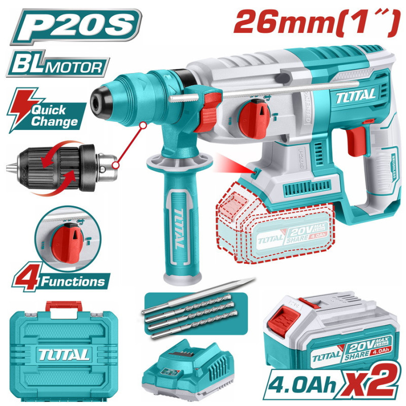 TOTAL ΕΠΑΓΓ. ΣΕΤ ΠΝΕΥΜΑΤΙΚΟ ΠΙΣΤΟΛΕΤΟ ΜΠΑΤ. Li-ion 20V / 4Ah / 2 ΜΠΑΤΑΡΙΕΣ ΜΕ ΤΑΧΥΤΣΟΚ (TRHLI202289)