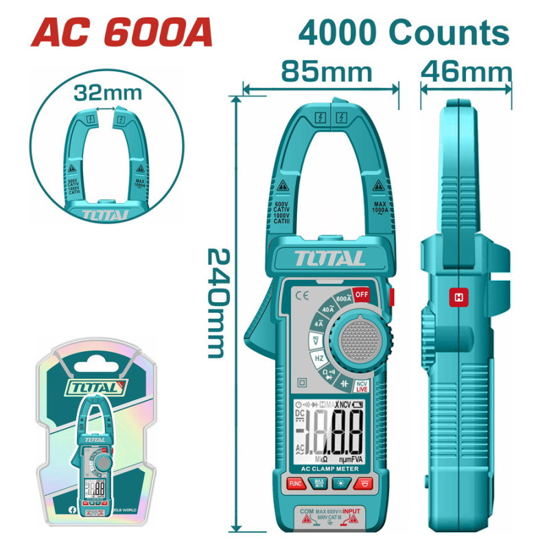 TOTAL ΕΠΑΓΓ. ΑΜΠΕΡΟΤΣΙΜΠΙΔΑ ΨΗΦΙΑΚΗ 600Α AC/DC True RMS (TMT766001)