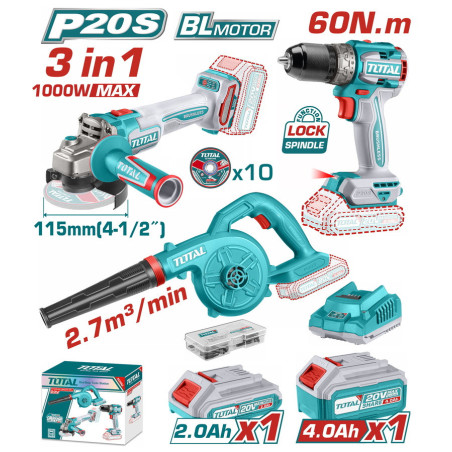 TOTAL ΕΠΑΓΓ. ΣΕΤ ΓΩΝΙΑΚΟΣ ΤΡΟΧΟΣ + ΔΡΑΠ/ΒΙΔΟ + ΦΥΣΗΤΗΡΑΣ ΜΠΑΤ. Li-ion 20V (TOSLI241192E)