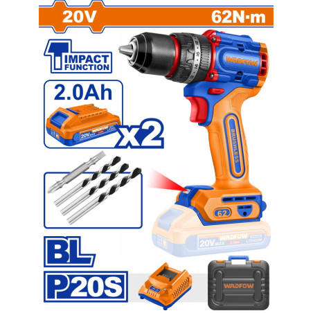 WADFOW ΔΡΑΠ/ΒΙΔΟ ΚΡΟΥΣΤΙΚΟ ΜΠΑΤ. Li-ion 20V / 62Nm / 2Ah / 2 ΜΠΑΤ BL Motor (WCDP6281E)