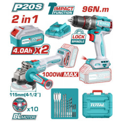 TOTAL ΕΠΑΓΓ. ΣΕΤ ΔΡΑΠ/ΒΙΔΟ ΚΡΟΥΣΤ. 96Nm + ΓΩΝΙΑΚΟΣ ΤΡΟΧΟΣ 115mm ΜΠΑΤ. Li-ion 20V (TOSLI241298E)
