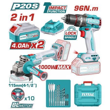 TOTAL ΕΠΑΓΓ. ΣΕΤ ΔΡΑΠ/ΒΙΔΟ ΚΡΟΥΣΤ. 96Nm + ΓΩΝΙΑΚΟΣ ΤΡΟΧΟΣ 115mm ΜΠΑΤ. Li-ion 20V (TOSLI241298E)