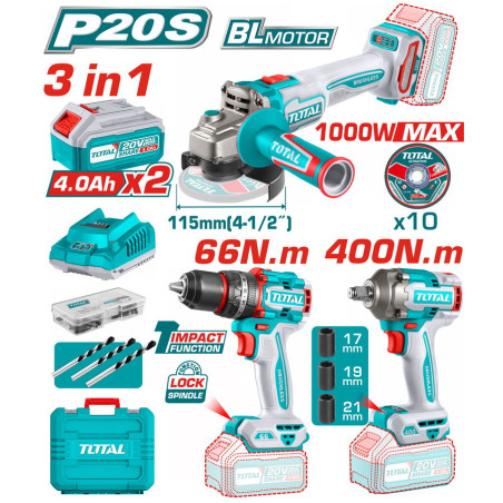TOTAL ΕΠΑΓΓ. ΣΕΤ ΔΡΑΠ/ΒΙΔΟ ΚΡΟΥΣΤ.+ ΜΠΟΥΛΟΝΟΚΛΕΙΔΟ + ΓΩΝΙΑΚΟΣ ΤΡΟΧΟΣ ΜΠΑΤ. Li-ion 20V (TOSLI241291E)