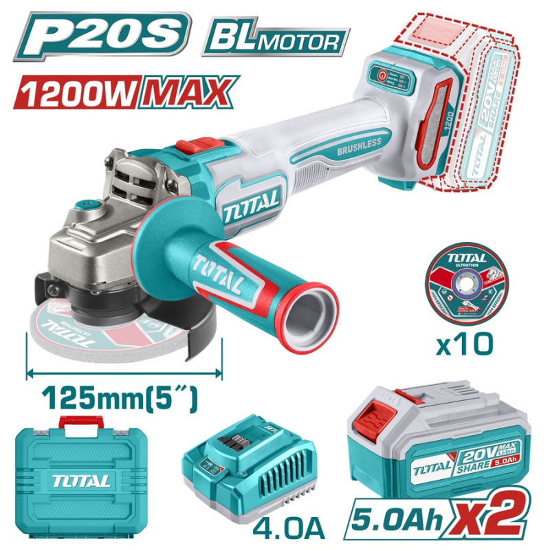 TOTAL ΕΠΑΓΓ. ΣΕΤ ΓΩΝΙΑΚΟΣ ΤΡΟΧΟΣ 125mm ΜΠΑΤ. Li-ion 20V / 5Ah / 2 ΜΠΑΤ (TAGLI2212532E)