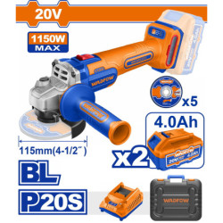 WADFOW ΣΕΤ ΓΩΝΙΑΚΟΣ ΤΡΟΧΟΣ 115mm ΜΠΑΤ. Li-ion 20V / 1150W / 4Ah / 2 ΜΠΑΤ BL Motor (WLAPB522E)