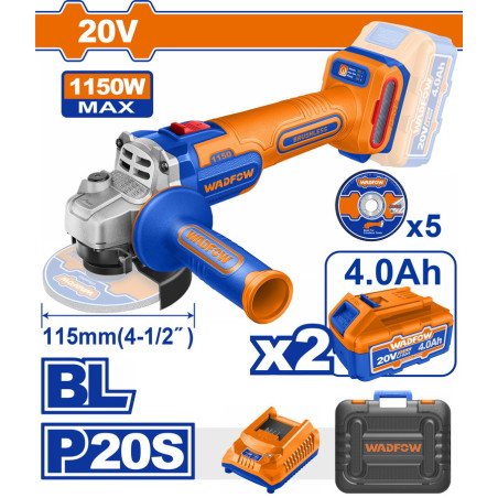 WADFOW ΣΕΤ ΓΩΝΙΑΚΟΣ ΤΡΟΧΟΣ 115mm ΜΠΑΤ. Li-ion 20V / 1150W / 4Ah / 2 ΜΠΑΤ BL Motor (WLAPB522E)