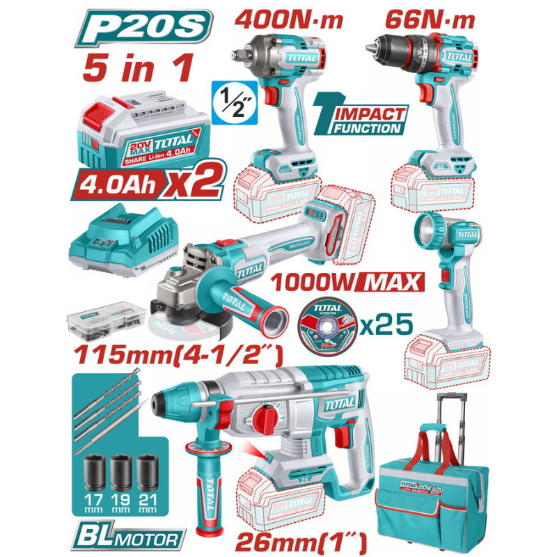 TOTAL ΕΠΑΓΓ. ΣΕΤ 5τεμ ΕΡΓΑΛΕΙΩΝ ΜΠΑΤ. Li-ion 20V / 4Ah / 2 ΜΠΑΤΑΡΙΕΣ (TCKLI20592E)