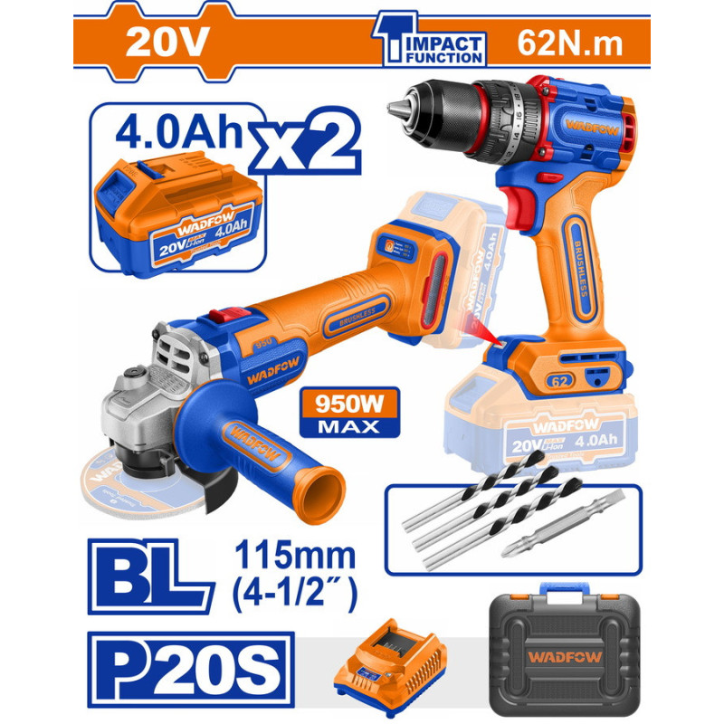 BF WADFOW ΣΕΤ ΔΡΑΠ/ΒΙΔΟ ΚΡΟΥΣΤΙΚΟ + ΓΩΝΙΑΚΟΣ ΤΡΟΧΟΣ ΜΠΑΤ. Li-ion 20V / 4Ah / 2 ΜΠΑΤ (WCK20273E)