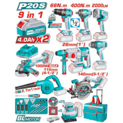 TOTAL ΕΠΑΓΓ. ΣΕΤ 9τεμ ΕΡΓΑΛΕΙΩΝ ΜΠΑΤ. Li-ion 20V / 4Ah / 2 ΜΠΑΤΑΡΙΕΣ BL Motor (TOSLI250381E)