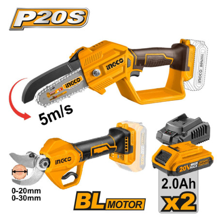 INGCO Αλυσοπρίονο + Κλαδευτήρι Μπαταρίας  20V Li-Ion Σετ 2 τεμ. (COSLI23065E)