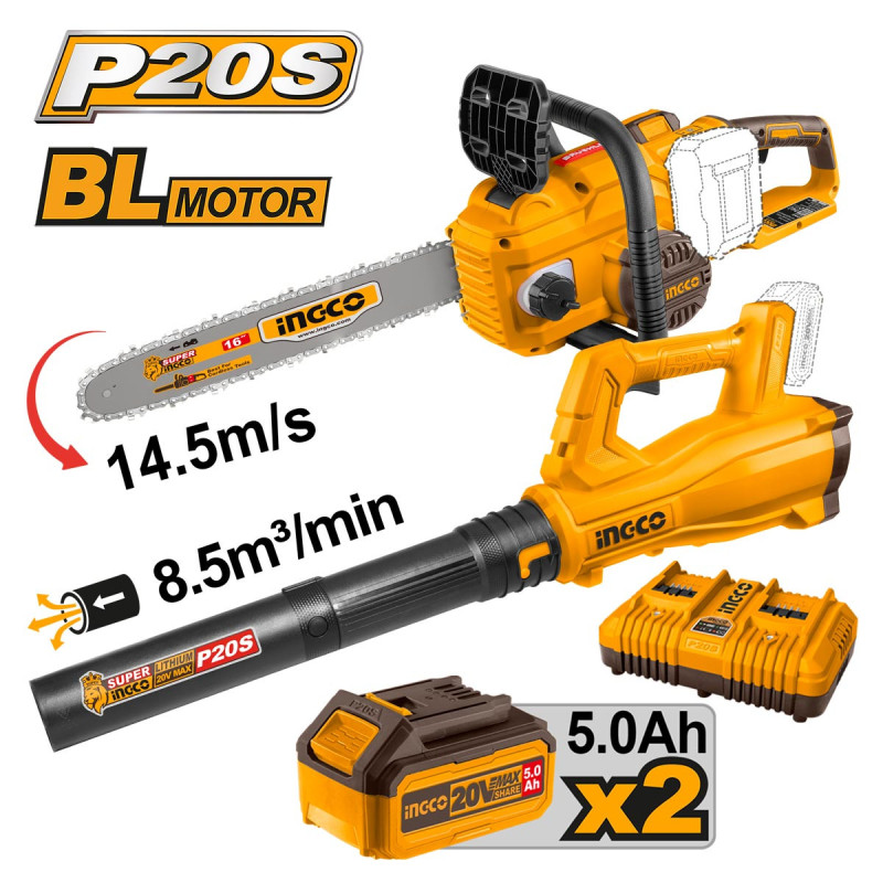 INGCO Αλυσοπρίονο με 16"/40cm Λάμα + Φυσητήρας Φύλλων Μπαταρίας 20V Li-Ion Σετ 2 τεμ. (COSLI240463E)