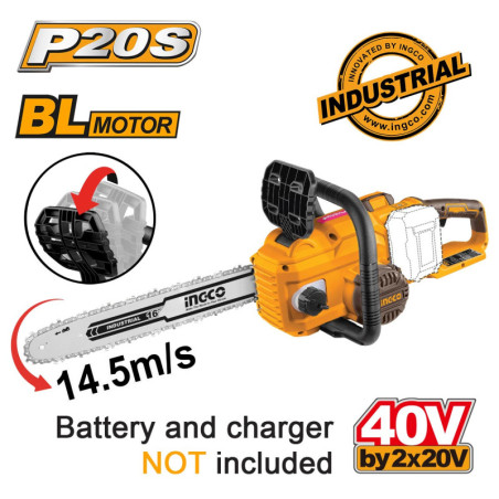 INGCO Αλυσοπρίονο Μπαταρίας 2x20V Li-Ion με 16"/40cm Λάμα SOLO (CGSLI40168)