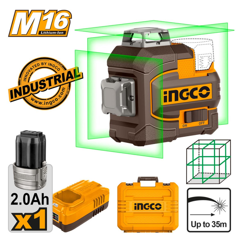 INGCO Αυτοαλφαδιαζόμενο Πράσινο Laser 3D  Μπαταρίας 16V Li-Ion (HLL301201E)