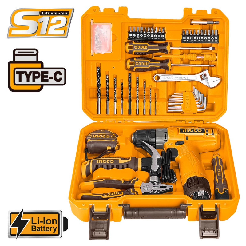 INGCO Εργαλεία Χειρός + Δραπανοκατσάβιδο Μπαταρίας 12V 20Nm  Σετ 89 τεμ. (HKTHP10891)