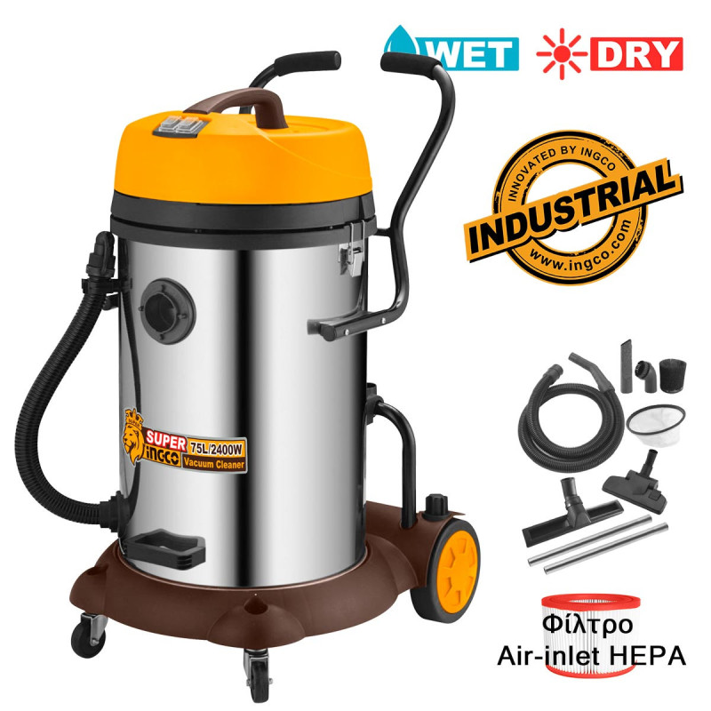 INGCO Ηλεκτρική Σκούπα Υγρών / Στερεών 75 Lit 2x1200W (VC24751)
