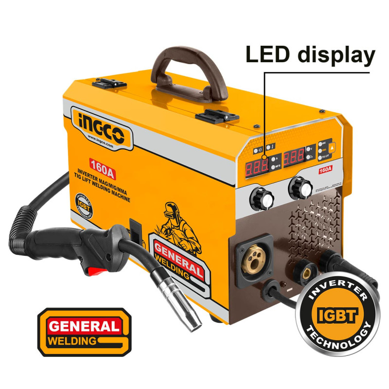 INGCO Ηλεκτροκόλληση Inverter 160Α MAG/MIG (Σύρματος με Αέριο και Χωρίς Αέριο) MMA/LIFT/TIG (MGT1601)