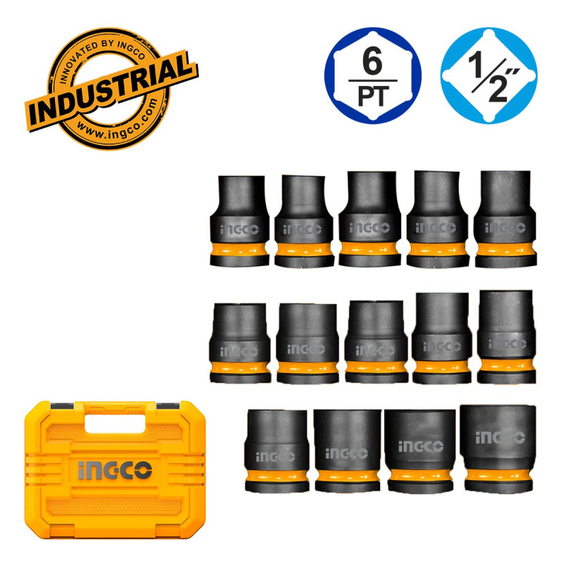 INGCO Καρυδάκια Impact-Αέρος 1/2" Σετ 14 τεμ. +Bαλίτσα (HKISSD12141)