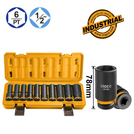 INGCO Καρυδάκια Μακριά Impact-Αέρος 1/2"  Σετ 10 τεμ. (HKISSD12102L)