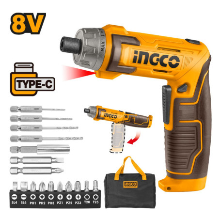 INGCO Κατσαβίδι Μπαταρίας 8V Li-Ion USB Type-C Σετ 17τεμ. (CSDLI0802)