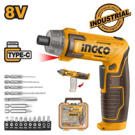 INGCO Κατσαβίδι Μπαταρίας 8V Li-Ion με Ενσωματωμένη Μπαταρία USB Type-C Σετ 17τεμ. 6Nm (CSDLI08025)