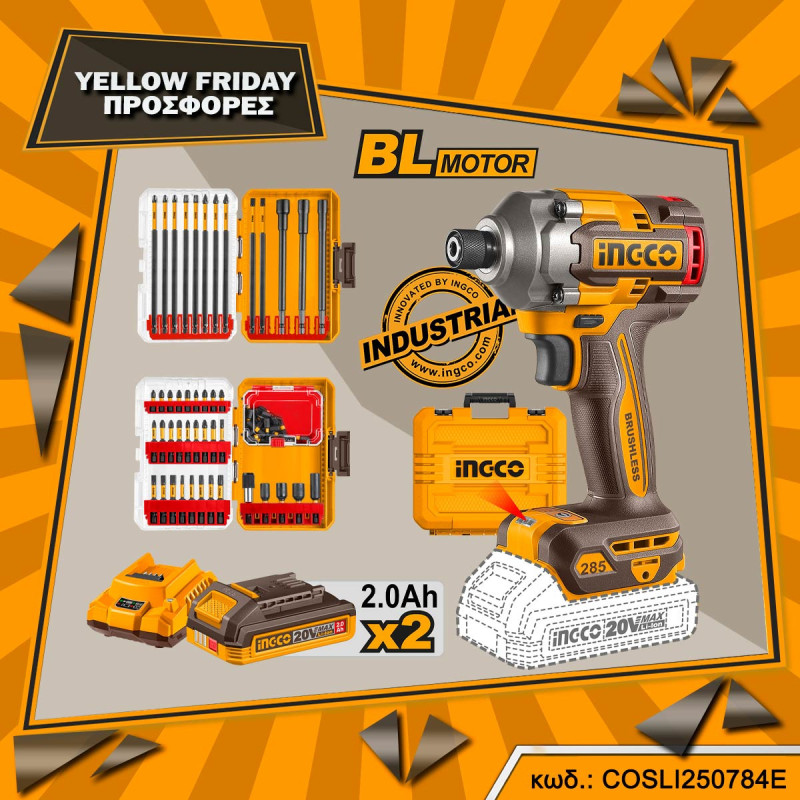 INGCO Κατσαβίδι Παλμικό Μπαταρίας 20V Li-Ion 285Nm + 2 Σετ Μύτες Impact (COSLI250784E)
