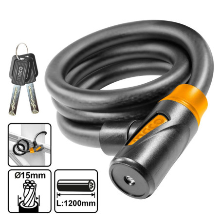 INGCO Κλειδαριά Συρματόσχοινο Ποδηλάτου με Κλειδί 15mm x 120cm (DBK151201)
