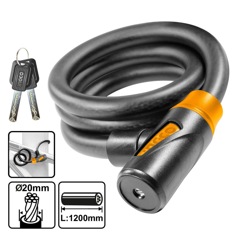 INGCO Κλειδαριά Συρματόσχοινο Ποδηλάτου με Κλειδί 20mm x 120cm (DBK112012)