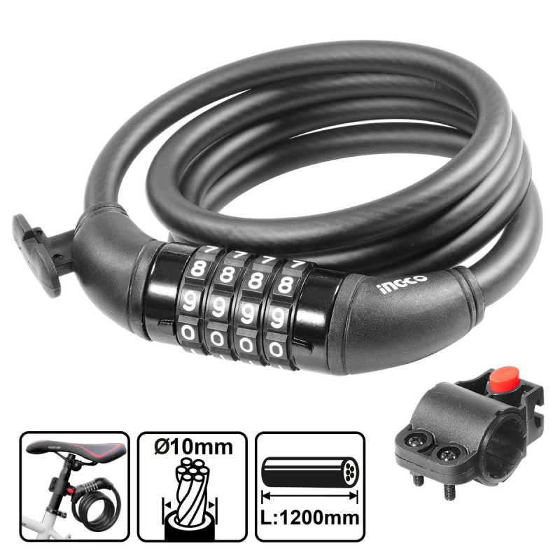 INGCO Κλειδαριά Συρματόσχοινο Ποδηλάτου με Συνδυασμό 10mm x 120cm (DBK21012)