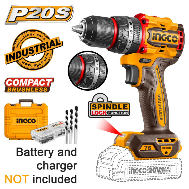 INGCO Κρουστικό Δραπανοκατσάβιδο Compact Μπαταρίας 20V Li-Ion 76Nm SOLO +Βαλίτσα (CIDLI207681E)