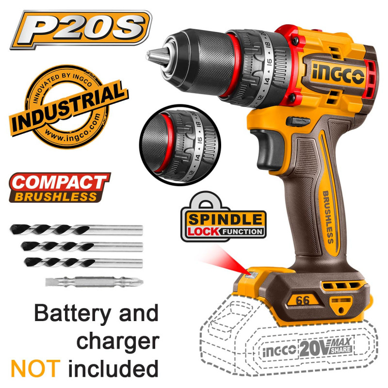 INGCO Κρουστικό Δραπανοκατσάβιδο Compact Μπαταρίας 20V Li-Ion SOLO 66Nm (CIDLI206681)