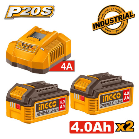 INGCO Μπαταρία 2 τεμ. 4.0Ah + Φορτιστής 4Α 1 τεμ. Σετ (FBCPK2013E)