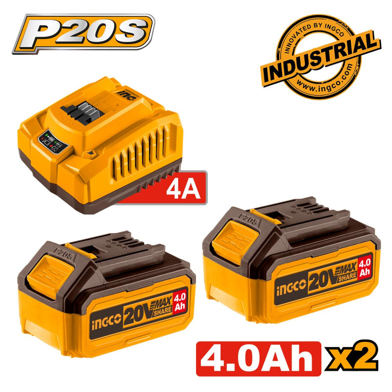 INGCO Μπαταρίες 2 τεμ. 4.0Ah + 1 τεμ. Φορτιστής 4Α Σετ 3 τεμ. (FBCPK1424E)