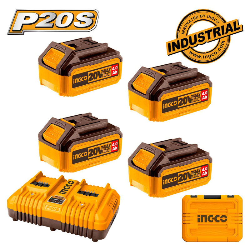 INGCO Μπαταρίες 4 τεμ. 20V 4.0Ah + Ταχυφορτιστής 4A  2 Θέσεων + Βαλίτσα Σετ 6 τεμ. (FBCLI20244)