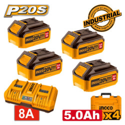 INGCO Μπαταρίες 4 τεμ. 20V 5.0Ah + Ταχυφορτιστής 8A  2 Θέσεων + Βαλίτσα Σετ 6 τεμ. (FBCLI20285)