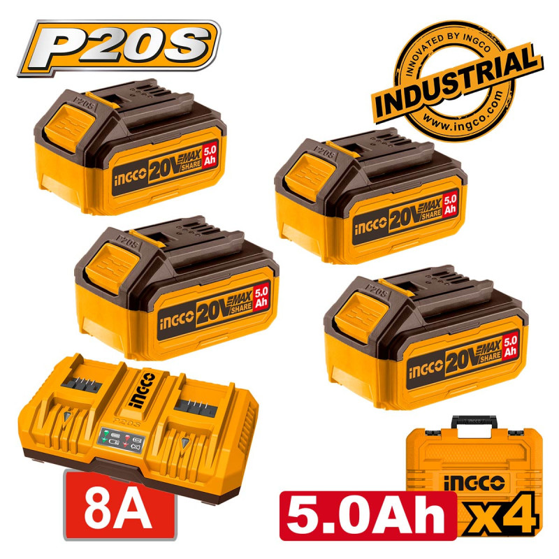 INGCO Μπαταρίες 4 τεμ. 20V 5.0Ah + Ταχυφορτιστής 8A  2 Θέσεων + Βαλίτσα Σετ 6 τεμ. (FBCLI20285)