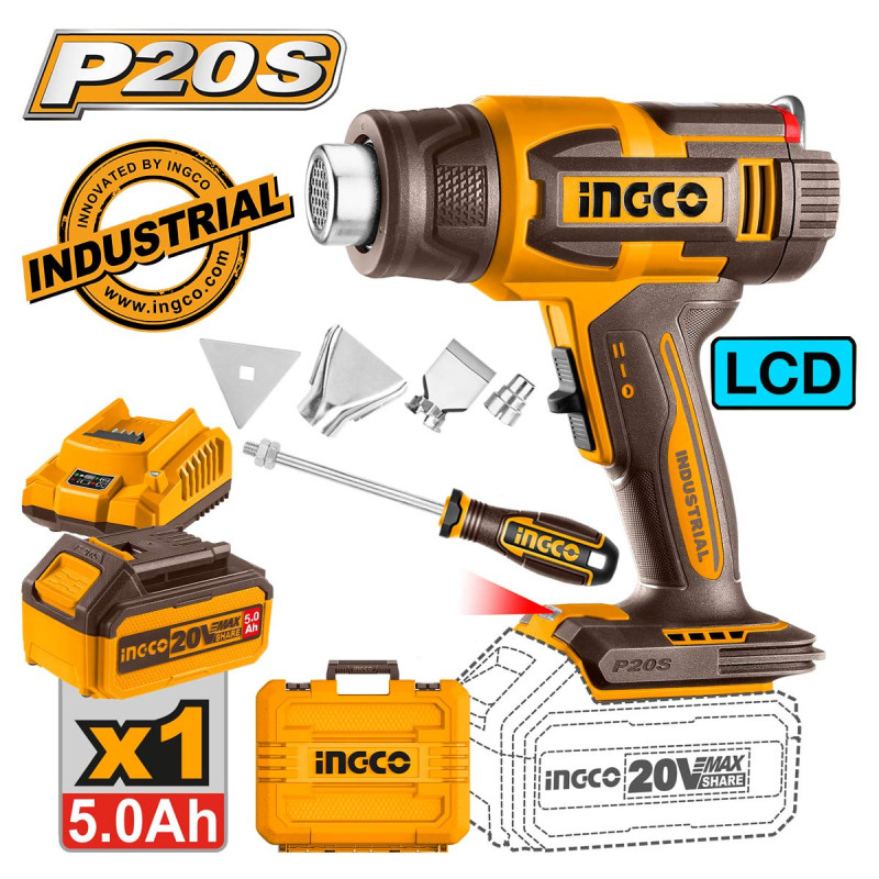 INGCO Πιστόλι Θερμού Αέρα Μπαταρίας 20V Li-Ion με LCD Οθόνη (HGLI20035)