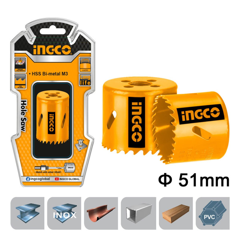 INGCO Ποτηροτρύπανο Bi-Metal 51mm (HSB10511)