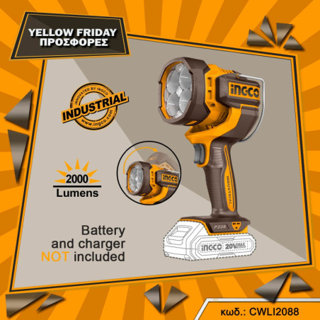 INGCO Προβολέας Εργασίας 20V Li-Ion SOLO 800-1400-2000 lumen (CWLI2088)