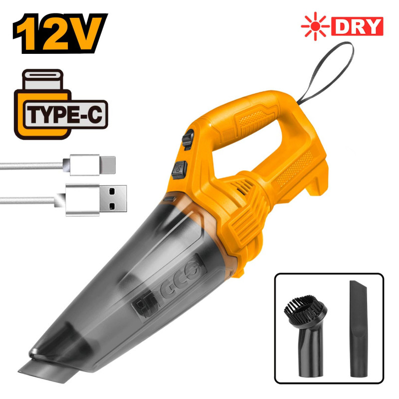 INGCO Σκούπα Αυτοκινήτου με Ενσωματωμένη Μπαταρία 12V Li-Ion +Καλώδιο USB Type-C (CVLI2026)