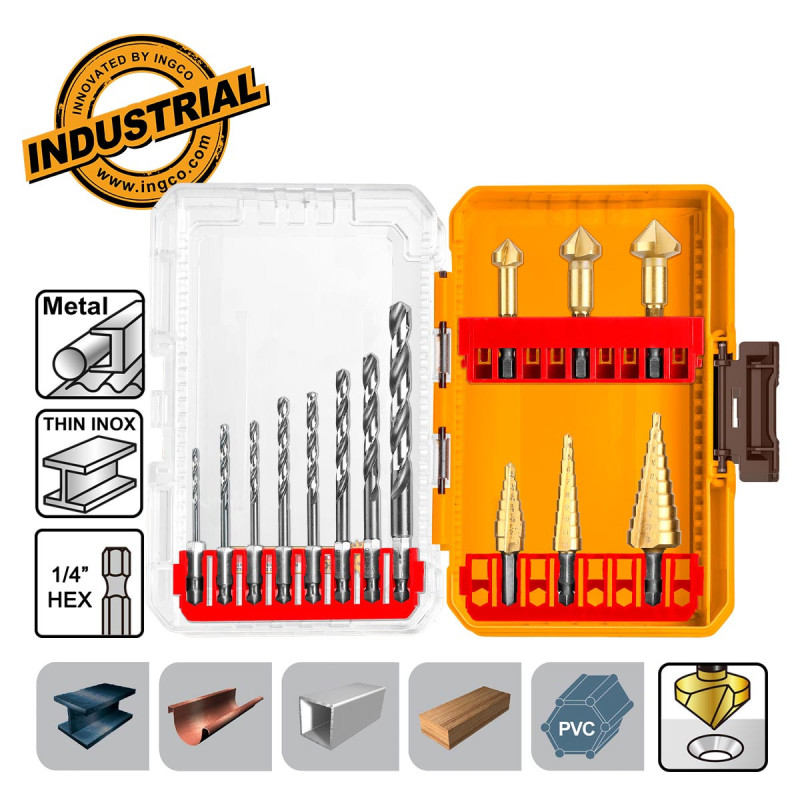 INGCO Τρυπάνια Κώνικα και Φρέζες Μετάλλου 1/4" Hex  Σετ 14 τεμ. (AKDL61401)