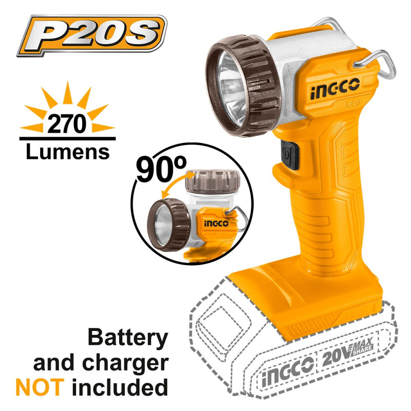 INGCO Φακός Προβολέας Μπαταρίας 20V Li-Ion SOLO 270 lumen (CWLI2038)